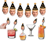 A collection of photo banner decorations for a retirement party, featuring various pieces with a person's face edited onto a straw hat, displayed in different party settings such as with drinks and desserts.